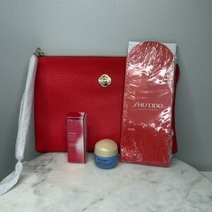 NIB Shiseido 4 Piece Skincare Set with Pebbled Red Bag